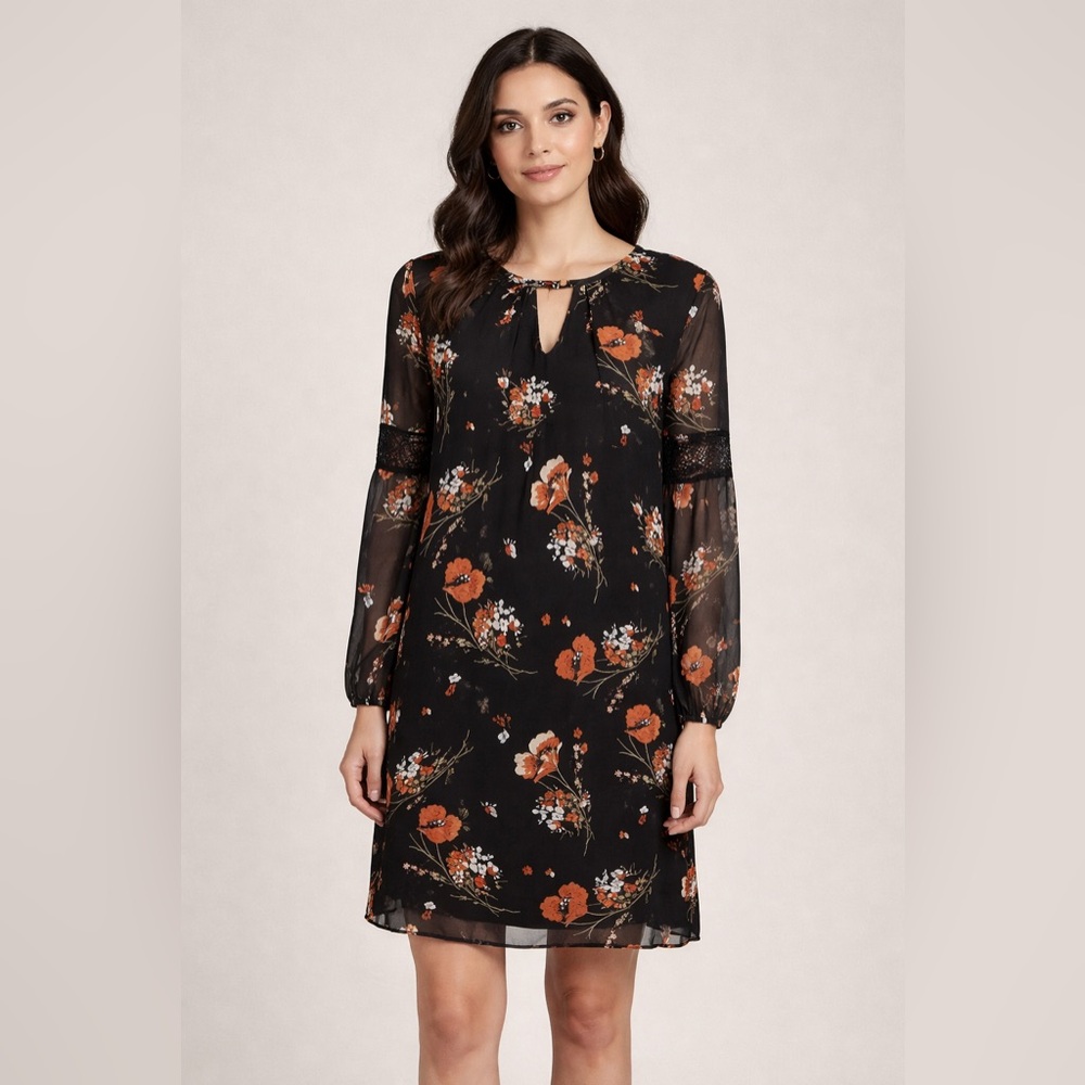 BCX Black Red Floral Chiffon Dress Large Long Sleeve Shift Keyhole Neck
